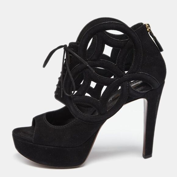 Louis Vuitton Black Suede Cutout Monogram Lace Up Platform Sandals Size 37.5 - Picture 1 of 4